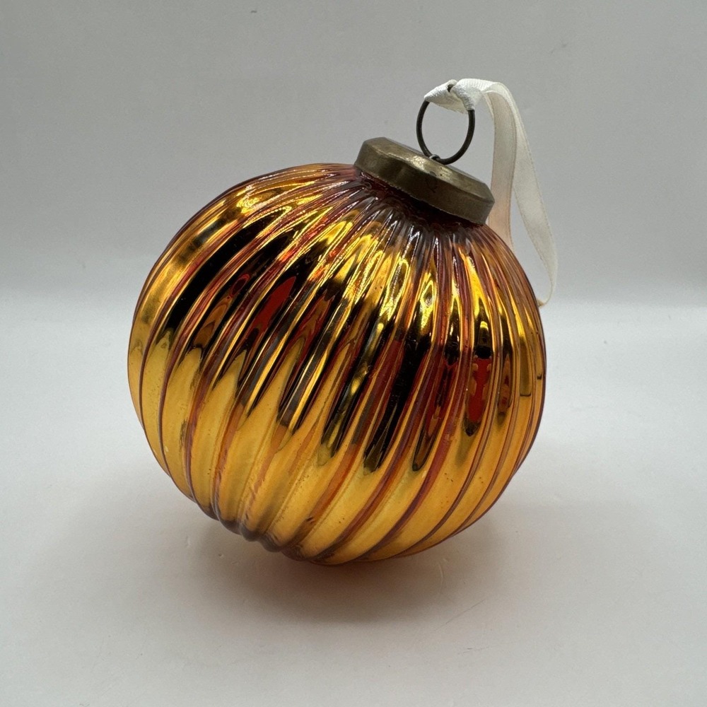 Vintage Kugel Glass Ornament Gold Ribbed Pumpkin Shape Mercury Glass
